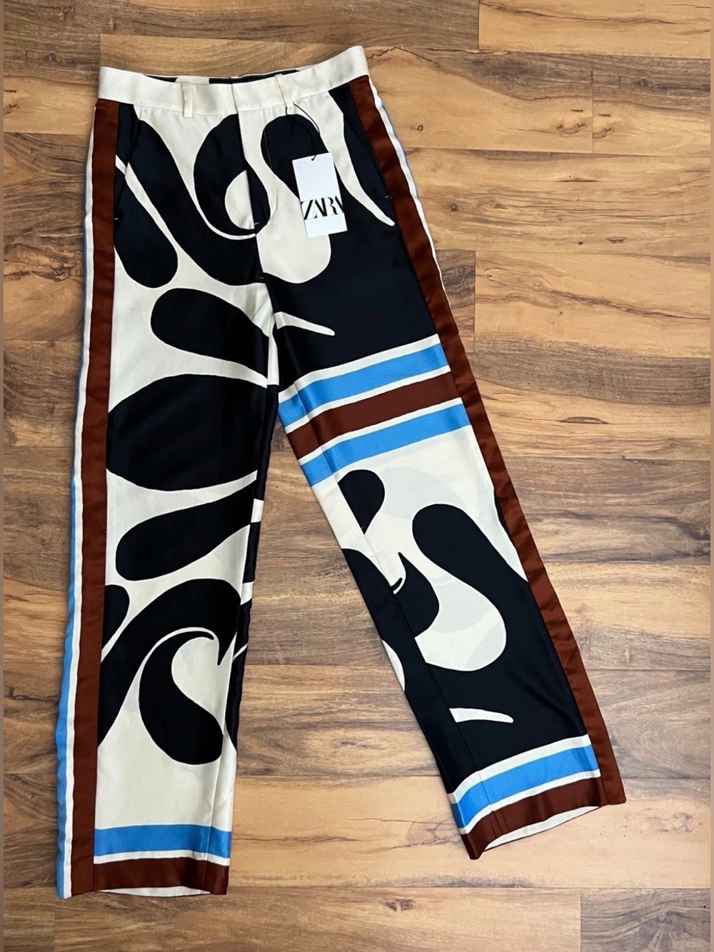 ZARA Printed Satin-Feel Pants in Black/Cream with Blue & Brown Stripes - Picture 3 of 9